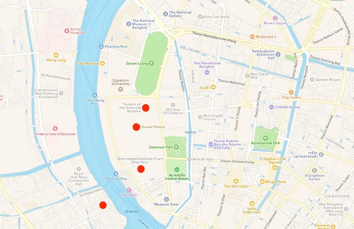mapa chrámy v bangkoku